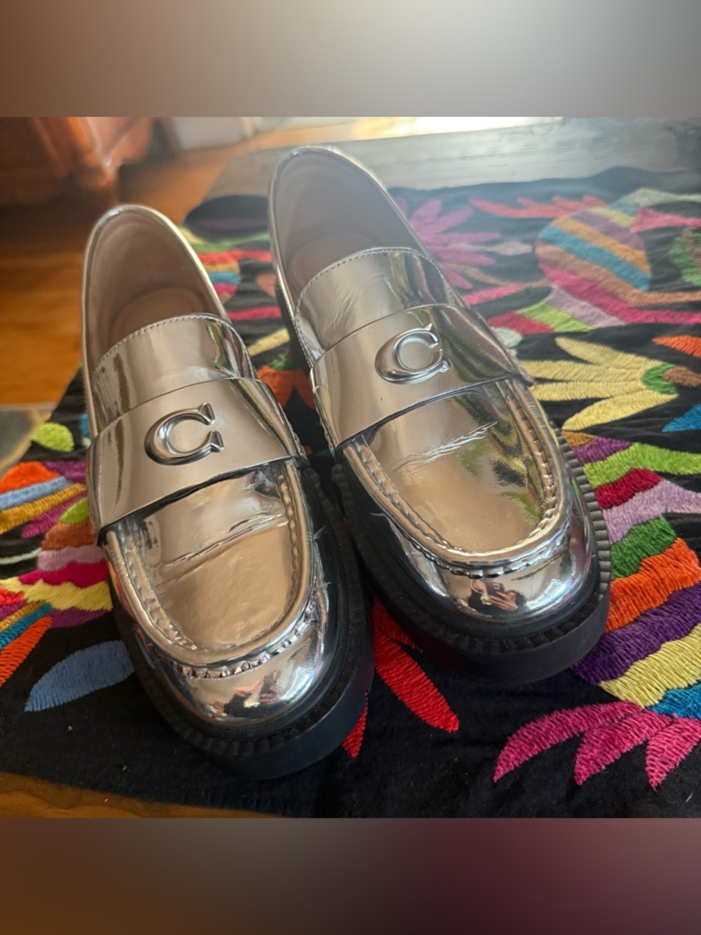 Coach Metallic Silver Women’s platform Penny Loafers - Picture 7 of 8